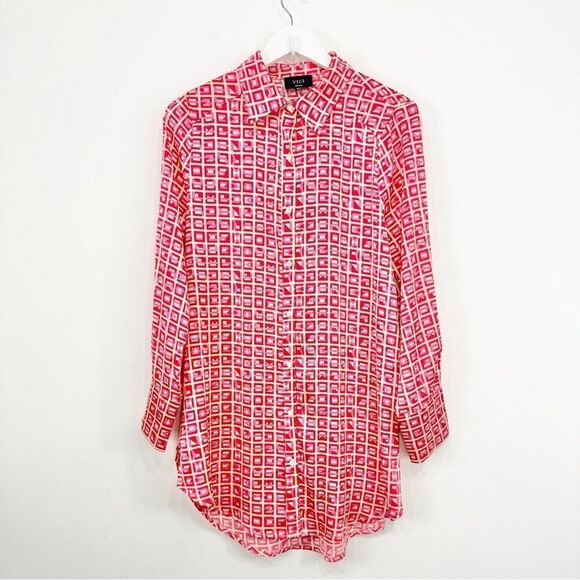 VICI Brenleigh Pink Red Geometric Print Poly Satin Button Down Tunic Mini Dress - Picture 2 of 16